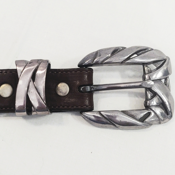 Vintage Onyx Brown Leather Belt with Western Silver Buckle, Loop & Tip- Size 30 - Picture 10 of 11
